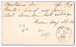 1889 Lumber Green Bay Co. Castana Iowa IA Clinton IA Posted Postal Card