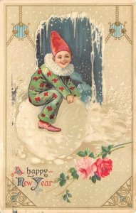 NEW YEAR HOLIDAY CLOWN ELF ON SNOWBALL FLOWERS EMBOSSED POSTCARD 1918