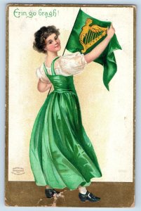St. Patrick's Day Postcard Pretty Woman With Flag Harp Erin Go Bragh Clapsaddle