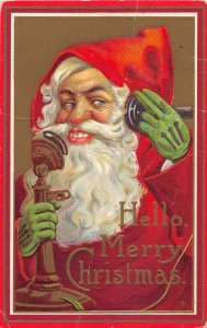 F98/ Santa Claus Christmas Postcard c1910 Green Gloves Telephone 21