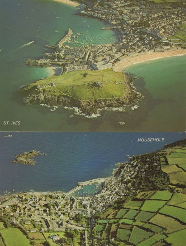 Mousehole St Ives 2x Cornwall Aerial Birds Eye Map Postcard s