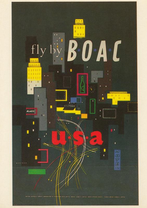 Fly To America USA By BOAC Plane Travel Flight Poster Advertising Postcard
