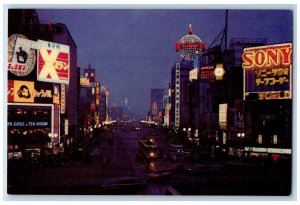 Tokyo Japan Postcard Nocturnal Ginza Street Business Lighted Signs c1950's
