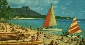 Postcard View of Outriggers and Catamarans on Waikiki Beach, HI.      P1