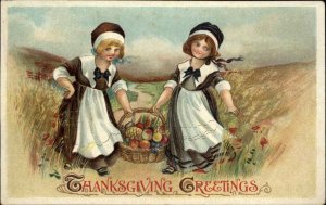 Thanksgiving BB London No. 2702 Pilgrim Girls with Basket Vintage Postcard