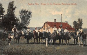 H8/ Rawlins Wyoming Postcard 1909 Roundup Robertsons Ranch Horses Riders