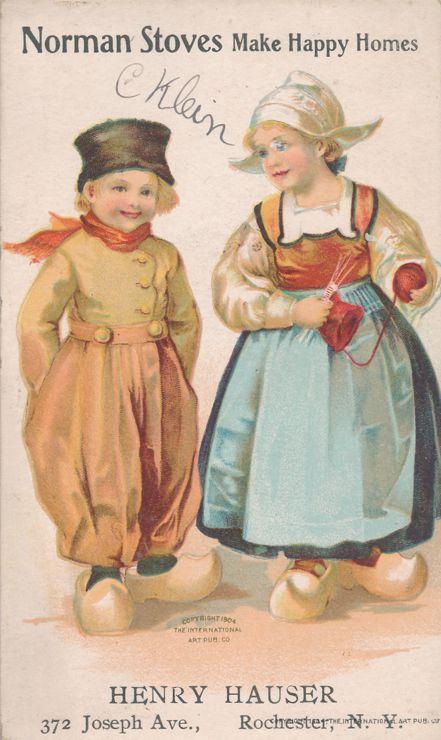 Henry Hauser Norman Stoves Victorian Trade Card Rochester NY - Dutch Children