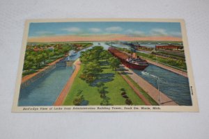 Bird's Eye View of the Locks from Administration Building Tower Mich. Postcard