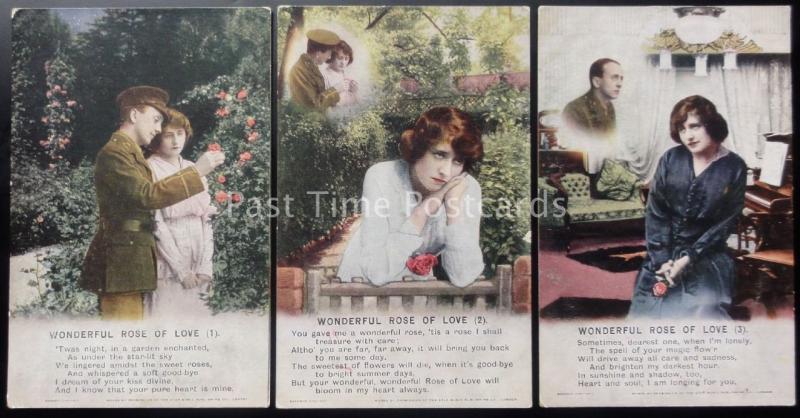 WW1 WONDERFUL ROSE OF LOVE Bamforth Song Cards set of 3 No 4879/1/2/3