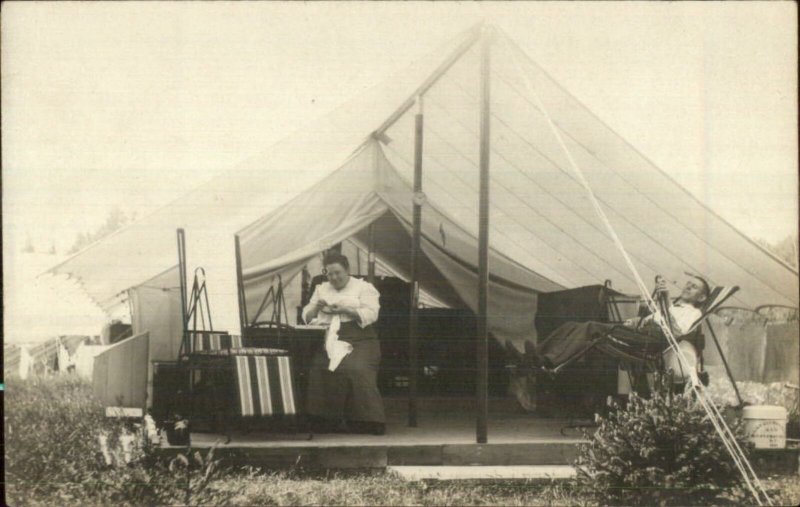 Camping Glamping Husband Wife Relaxing c1910 Amateur Real Photo Postcard