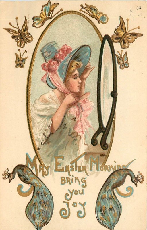 Embossed HBG Easter Postcard 2226 Girl Checks her Hat in Mirror, Peacocks