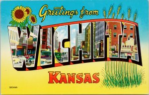 Greetings from Wichita KS Kansas Large Letter Sunflowers Hinkels Postcard G57