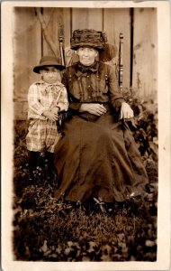 Real Photo Postcard Portrait of Grandmother Old Woman and Grandchild Young Boy