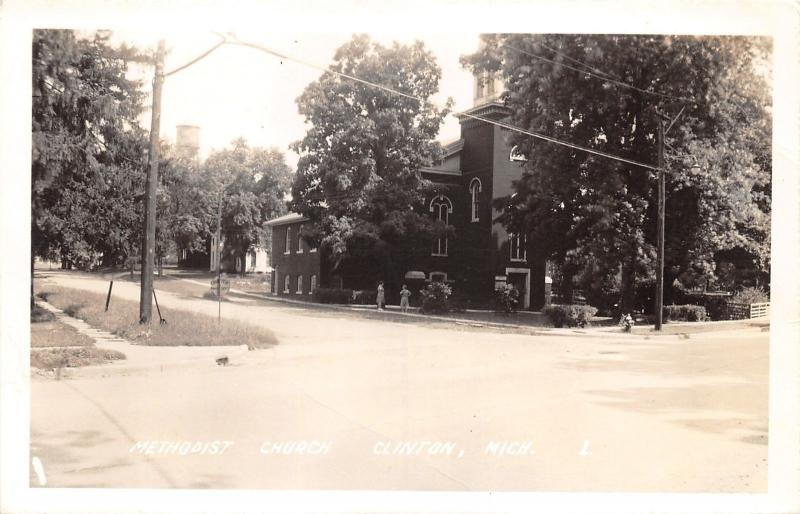 Clinton Michigan~Methodist Church & Street View~Courtesy Makes Safety~40s RPPC