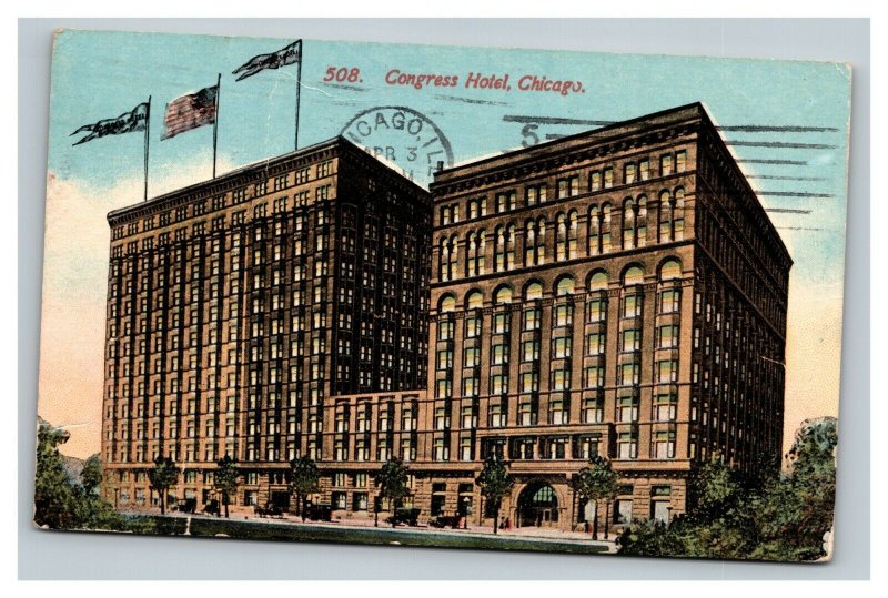 Vintage 1914 Advertising Postcard Flags Over Congress Hotel Chicago Illinois