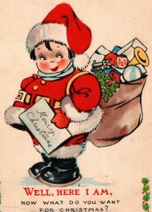 Young Woman Girl Santa Claus Sack Toys Gibson Art 1930 Christmas Postcard