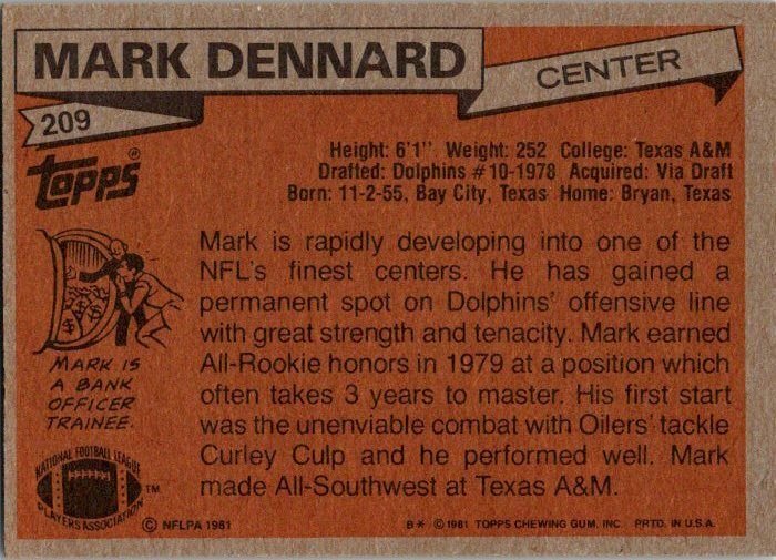 1981 Topps Football Card Mark Dennard Miami Dolphins sk10242