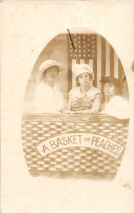 J56/ Interesting RPPC Postcard c1910 Women Basket Full of Peaches Patriotic 379