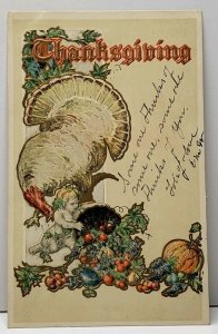 Thanksgiving Greeting Gold Gilded Turkey Cherub 1906 Embossed Postcard A6