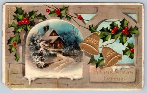 A Christmas Greeting, Bells, Rural Winter Scene, Holly, Antique 1910 Postcard
