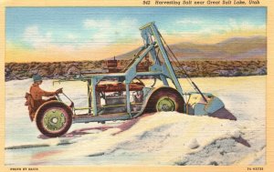 Vintage Postcard 1930's Harvesting Salt near  Great Salt Lake City Utah UT