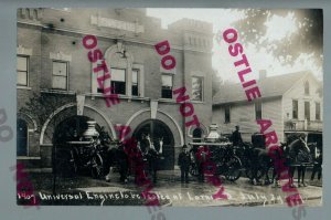 Lorain OHIO RPPC 1909 FIRE DEPARTMENT Firemen Wagons TESTING UNIVERSAL ENGINE OH