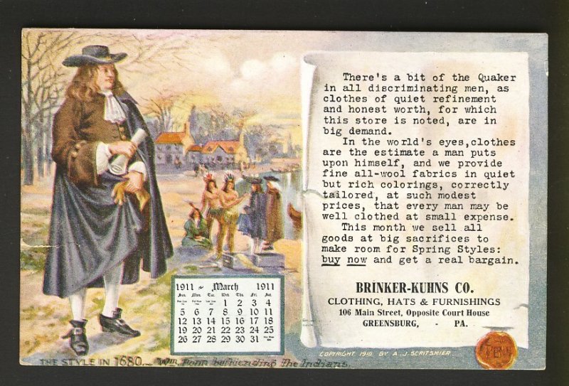 Greensburg PA 1911 FASHION 1680 Quaker, Native American Calendar March 1911