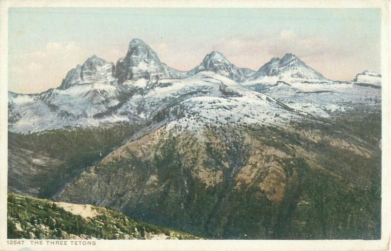 The Three Tetons, Wyoming Vintage Phostint Postcard