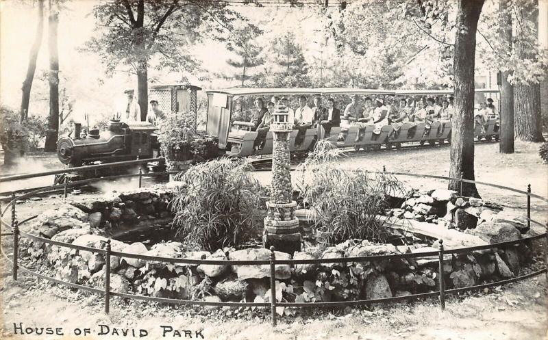 Benton Harbor MI~Lighthouse Fountain in Rock Garden~Mini-Train~RPPC 1940s 