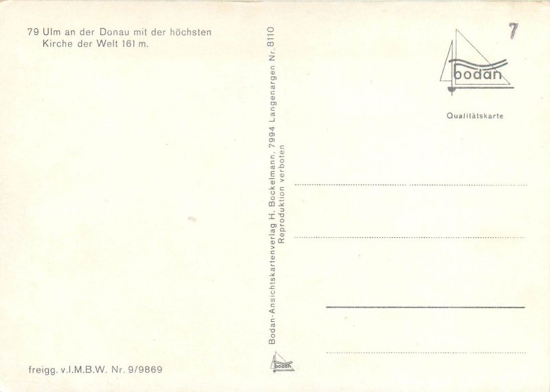 Postcard Germany Ulm an der Donau church aerial view 
