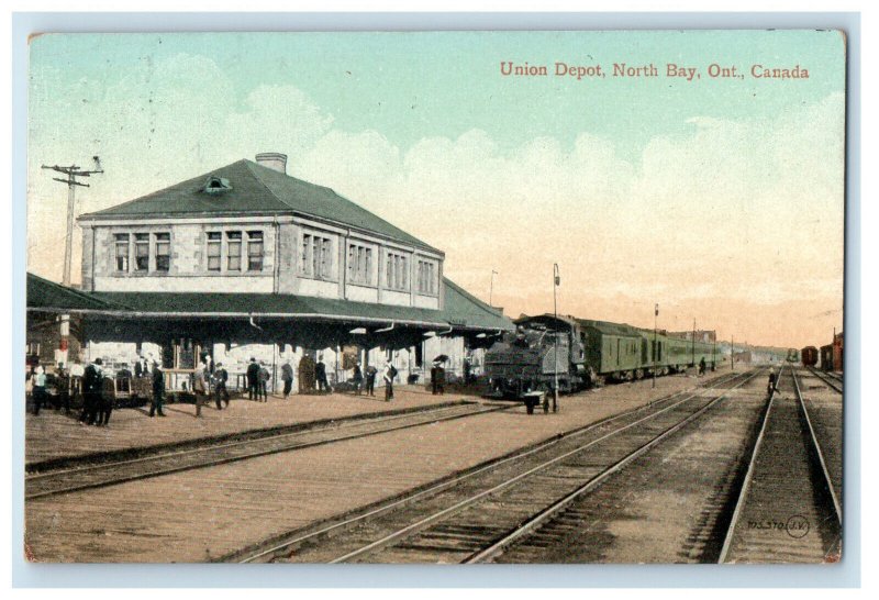 1912 Union Depot, Train Locomotive, Railway North Bay Canada Postcard 