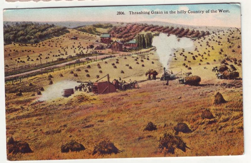 P137 JLs old postcard thrashing grain the west steam tractor