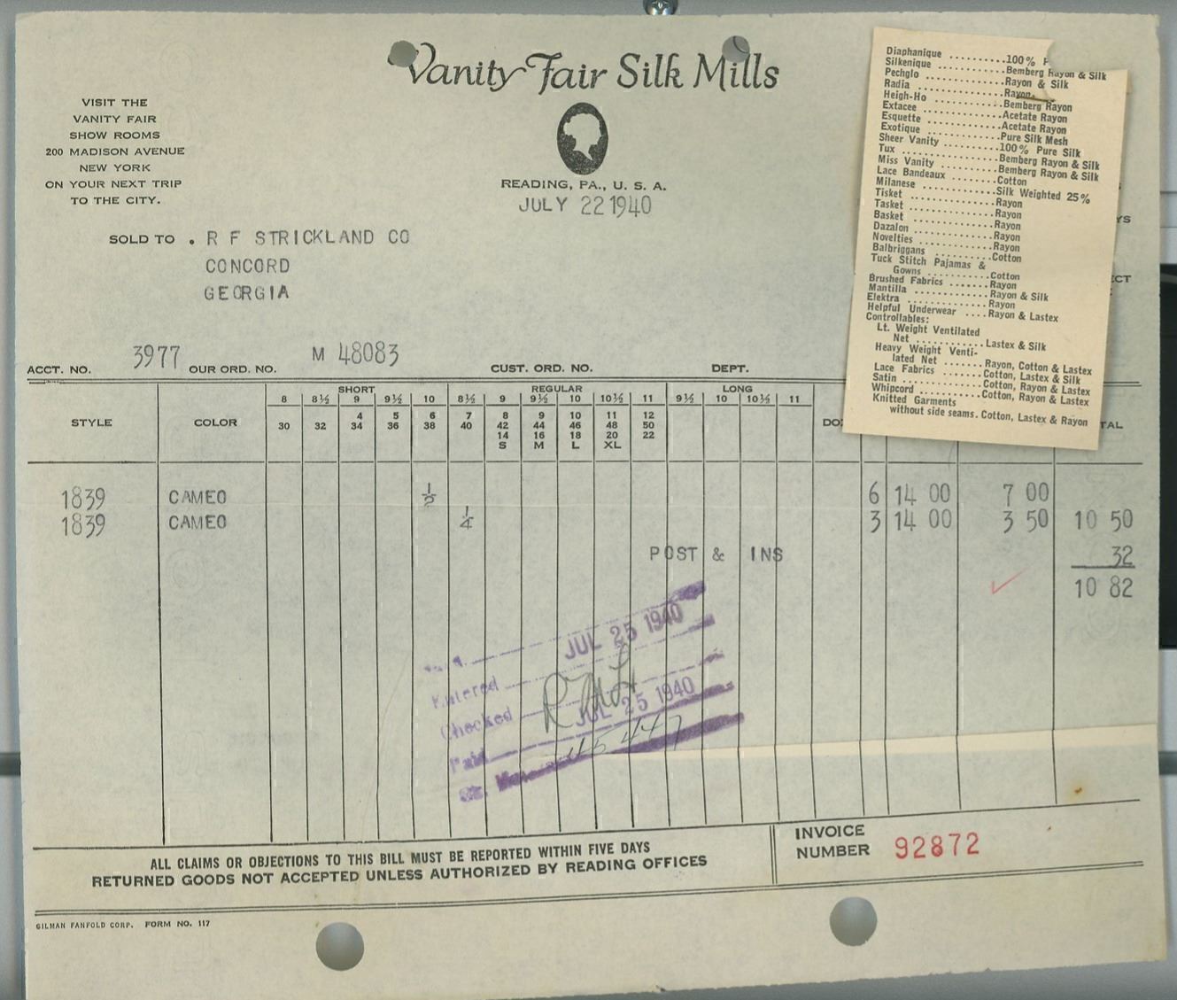 1940 Vanity Fair Silk Mills Reading PA Invoice R.F. Strickland Co