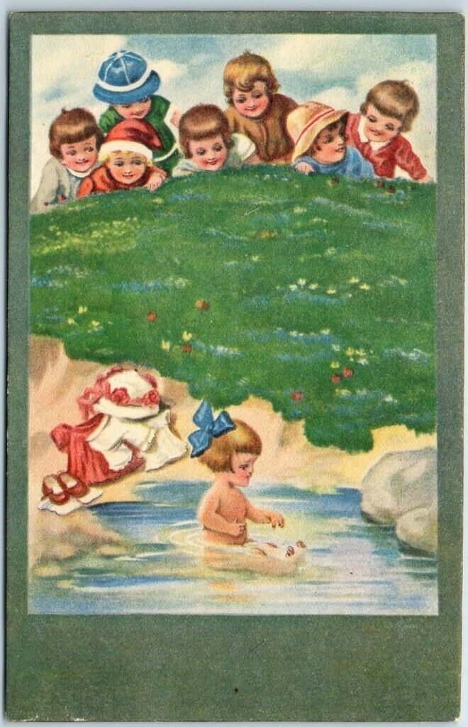 Naked girls and boys swim together 1910s Greetings Postcard Boys Watching Girl Swim Naked Skinny Dipping Unused Topics Greetings From Postcard Hippostcard