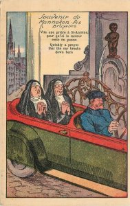 Belgium 1930s peeing statue praying nuns comic humor Postcard 22-7793