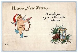 New Year Postcard Bare Butt Angel Santa Hat Hourglass Pine Cone Embossed Antique