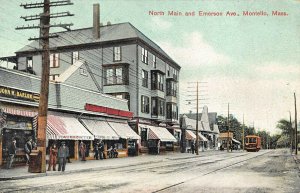 Montello MA Main & Emerson Ave. Storefronts Trolley Postcard