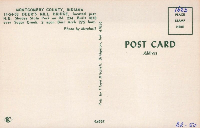 USA Montgomery County Indiana Deer's Mill Bridge Chrome Postcard 03.71