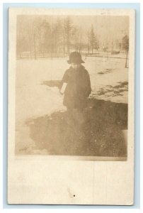 1916 Little Boy In Winter Snow Worcester Massachusetts MA RPPC Photo Postcard