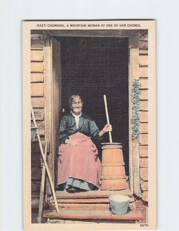 Postcard Churning, A Mountain Woman At One Of Her Chores