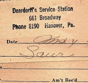 1949 HANOVER PA DEARDORFF'S SERVICE STATION 661 BROADWAY GAS INVOICE Z3786