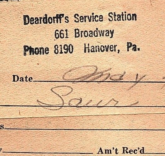 1949 HANOVER PA DEARDORFF'S SERVICE STATION 661 BROADWAY GAS INVOICE Z3786