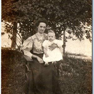 c1910s Outdoor Single Mother Baby RPPC Skinny Woman Real Photo Little Girl A159