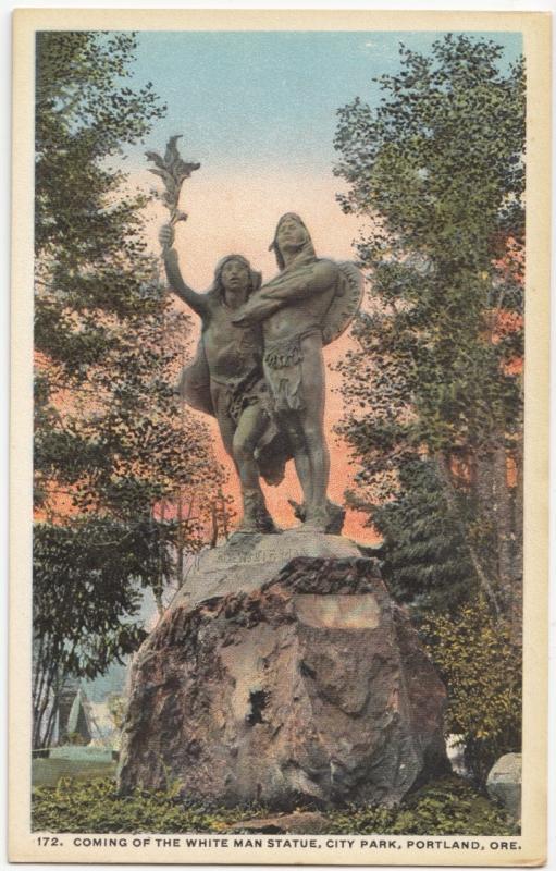 Coming of the White Man Statue, City Park, Portland, Oregon, unused Postcard