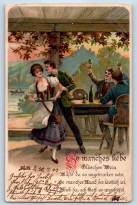 Germany Postcard Couple Glass of Wine Festive Scene 1903 Posted Antique
