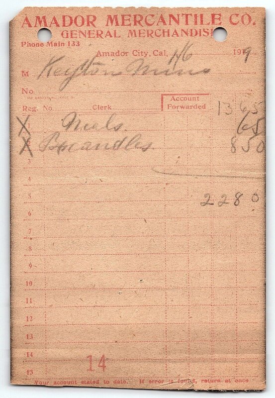 1919 AMADOR MERCANTILE  AMADOR CITY CA KEYSTONE MINE SUTTERS MILL INVOICE  Z3523