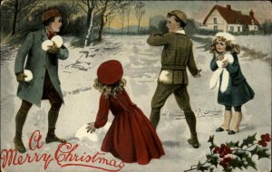 Christmas Boys and Girls Snowball Fight Winter Scene c1910 Vintage Postcard