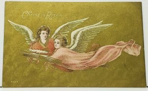 Christ is Risen, Floating Angels Carrying Cross on Golden Finish Postcard I4 