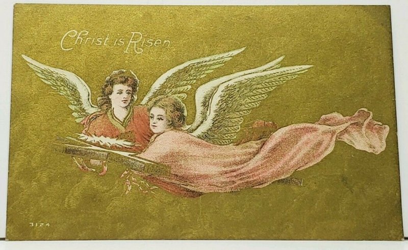 Christ is Risen, Floating Angels Carrying Cross on Golden Finish Postcard I4 
