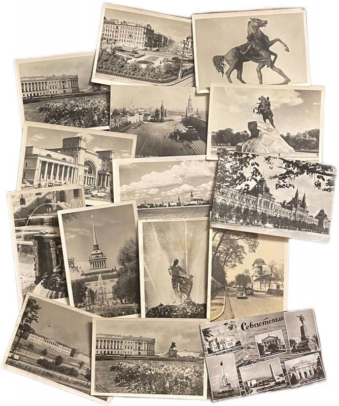 Lot 15 photo postcards Russia 1950`s Petrodvorets Leningrad Sevastopol Moscow 